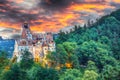 Landscape with medieval Bran castle known for the myth of Dracula at sunset Royalty Free Stock Photo