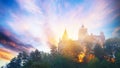 Landscape with medieval Bran castle known for the myth of Dracula at sunset Royalty Free Stock Photo