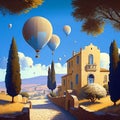 A landscape from the Mediterranean region featuring balloons. AI