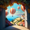 A landscape from the Mediterranean region featuring balloons. AI
