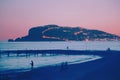 Landscape of Mediterranean Sea and Alanya peninsula at night, Turkey. Tourism, resort, summer vacation concept Royalty Free Stock Photo