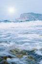Landscape of Mediterranean Sea and Alanya peninsula, Turkey. Tourism, resort, summer vacation concept. Selective focus Royalty Free Stock Photo
