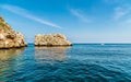 Landscape of Mediterranean sea with Faraglioni of Scopello at Zingaro Nature Reserve, Sicily