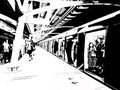 Landscape of Metro Station and City Passengers Black and white illustrations