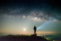 Landscape with Milky way, Milky way background, Night sky with stars and galaxy over night sky and silhouette of a standing people Royalty Free Stock Photo