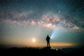 Landscape with Milky way, Milky way background, Night sky with stars and galaxy over night sky and silhouette of a standing people Royalty Free Stock Photo