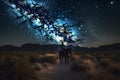 Landscape with Milky Way. Cowboy with his horse. Neural network AI generated Royalty Free Stock Photo