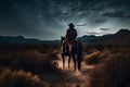 Landscape with Milky Way. Cowboy with his horse. Neural network AI generated Royalty Free Stock Photo