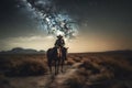 Landscape with Milky Way. Cowboy with his horse. Neural network AI generated Royalty Free Stock Photo