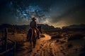 Landscape with Milky Way. Cowboy with his horse. Neural network AI generated Royalty Free Stock Photo