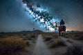 Landscape with Milky Way. Cowboy with his horse. Neural network AI generated Royalty Free Stock Photo