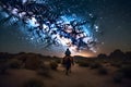 Landscape with Milky Way. Cowboy with his horse. Neural network AI generated Royalty Free Stock Photo