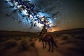 Landscape with Milky Way. Cowboy with his horse. Neural network AI generated Royalty Free Stock Photo