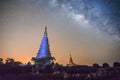 Landscape of Milky Way on Doi Inthanon mountain, Chiang Mai,Thailand. Long exposure with grain and Soft focus