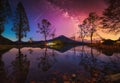 Landscape with Milky way galaxy. Mt. Fuji over lake with big trees and milky way at sunrise in Fujinomiya, Japan Royalty Free Stock Photo