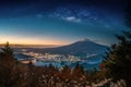 Landscape with Milky way galaxy. Mt. Fuji over Lake Kawaguchiko