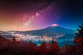 Landscape with Milky way galaxy. Mt. Fuji over Lake Kawaguchiko with autumn foliage and milky way at sunrise in Fujikawaguchiko, Royalty Free Stock Photo