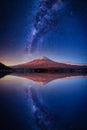 Landscape with Milky way galaxy. Mt. Fuji over Lake Kawaguchiko with milky way at sunrise in Fujikawaguchiko, Japan