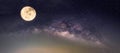 Landscape with Milky way galaxy. Night sky with stars and the full moon. (Elements of this moon image furnished by NASA) Royalty Free Stock Photo