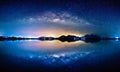 Landscape with Milky way galaxy. Night sky with stars over mountain and reflection on sea, Long exposure photograph Royalty Free Stock Photo