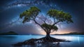 Landscape with Milky way galaxy. Night sky with stars and silhouette mangrove tree in sea Royalty Free Stock Photo