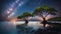 Landscape with Milky way galaxy. Night sky with stars and silhouette mangrove tree in sea. Long exposure photograph Royalty Free Stock Photo