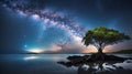 Landscape with Milky way galaxy. Night sky with stars and silhouette mangrove tree in sea Royalty Free Stock Photo