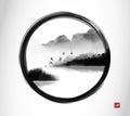 Landscape with misty forest over the water in black enso zen circle on white background. Traditional oriental ink Royalty Free Stock Photo