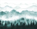 Landscape with misty green forest trees. Traditional oriental ink painting sumi-e, u-sin, go-hua