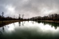 Landscape with misty morning fog in the Forest Lake or Beautiful forest lake in the morning at winter time. Azerbaijan nature. Royalty Free Stock Photo