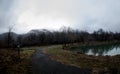 Landscape with misty morning fog in the Forest Lake or Beautiful forest lake in the morning at winter time. Azerbaijan nature. Royalty Free Stock Photo