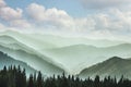 Landscape of misty mountains. View of coniferous forest, layers of mountain and haze in the hills at distance. Royalty Free Stock Photo