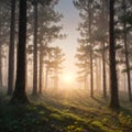 Landscape misty panorama. Fantastic dreamy sunrise on rocky mountains with view into misty valley below.