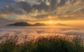 Landscape misty view Fantastic dreamy sunrise on the mountains w