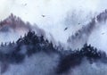 Landscape with misty winter forest, mountains and a flock of birds. Watercolor illustration. Oriental painting Royalty Free Stock Photo