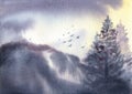 Landscape with misty winter forest, mountains and a flock of birds. Watercolor illustration. Oriental painting Royalty Free Stock Photo