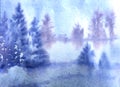 Landscape with misty winter forest, river and mountains. Watercolor illustration. Oriental painting Royalty Free Stock Photo