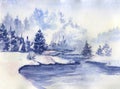 Landscape with misty winter forest, river and mountains. Watercolor illustration. Oriental painting Royalty Free Stock Photo