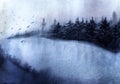 Landscape with misty winter forest, river and mountains. Watercolor illustration. Oriental painting Royalty Free Stock Photo