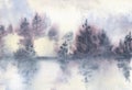 Landscape with misty winter forest, river and mountains. Watercolor illustration. Oriental painting Royalty Free Stock Photo