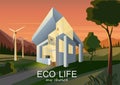 Landscape with a modern house. Eco life. Vector