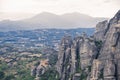 Landscape of monasteries of Meteora in Greece. Roussanou Monastery and St. Nikolaos Anapafsas Monastery in Trikala region Royalty Free Stock Photo