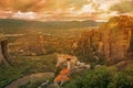 Landscape of monasteries of Meteora in Greece. Roussanou Monastery and St. Nikolaos Anapafsas Monastery in Trikala region Royalty Free Stock Photo