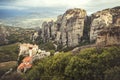 Landscape of monasteries of Meteora in Greece. Roussanou Monastery and St. Nikolaos Anapafsas Monastery in Trikala region Royalty Free Stock Photo