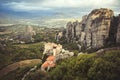 Landscape of monasteries of Meteora in Greece. Roussanou Monastery and St. Nikolaos Anapafsas Monastery in Trikala region Royalty Free Stock Photo