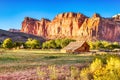 Landscape with Monumental Old Barn in Fruita at Sunset, Capitol Reef National Park, Utah Royalty Free Stock Photo