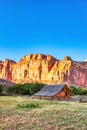 Landscape with Monumental Old Barn in Fruita at Sunset, Capitol Reef National Park, Utah Royalty Free Stock Photo