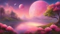 landscape with moon and clouds _A beautiful and serene planet with lush and colorful flora, crystal lakes, and a pink sky.