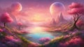 landscape with moon and clouds _A beautiful and serene planet with lush and colorful flora, crystal lakes, and a pink sky.