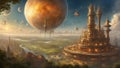 landscape with moon and clouds A steampunk space colony orbiting the earth. The colony is a ring-shaped structure